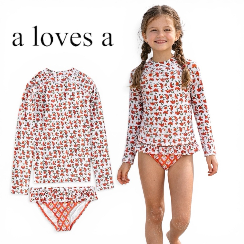 A Loves A Swimsuit Girls Floral Rashguard Two Piece White Red Size 10 NWT